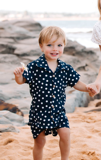 Lil Button Up Shirt ~ Navy Polka Dot