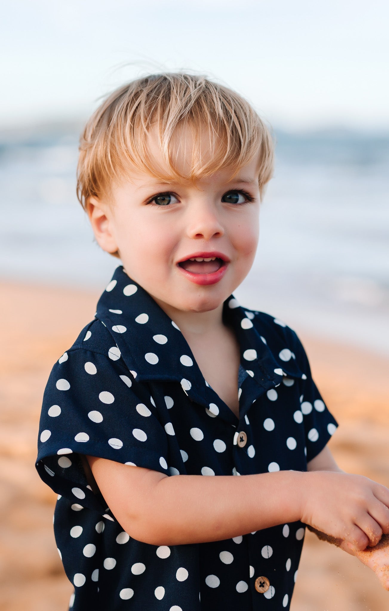 Lil Button Up Shirt ~ Navy Polka Dot