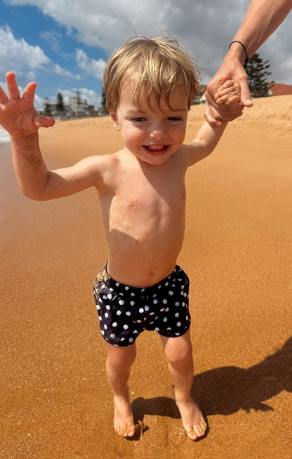 Little Beach Bum Trunks ~ Navy Polka Dot